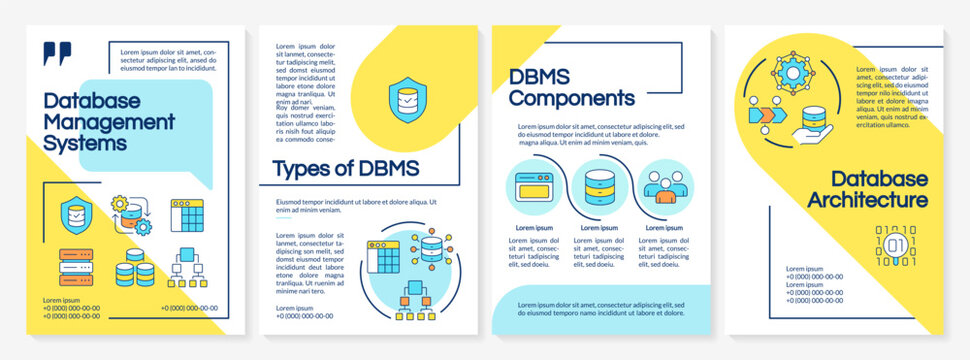 DBMS systems blue and yellow brochure layout. Business intelligence. Data management. Leaflet advertising design with color line icons. Editable 4 pages. Questrial, Lato-Regular fonts used