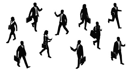Fototapeta premium business people silhouettes in an isometric vector set showing professional men and women walking and commuting.