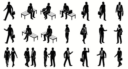 Fototapeta premium collection of black business silhouettes in isometric view with people working and interacting