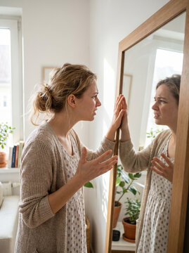 Frustrated Woman Expressing Anger at Her Own Reflection in a Mirror