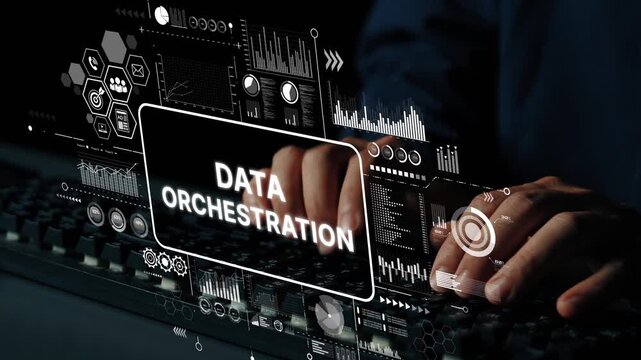 Hands Typing on Keyboard with Digital Data Orchestration Interface and Visual Graphs in Dark Background. Asymptotic smart data analytic.