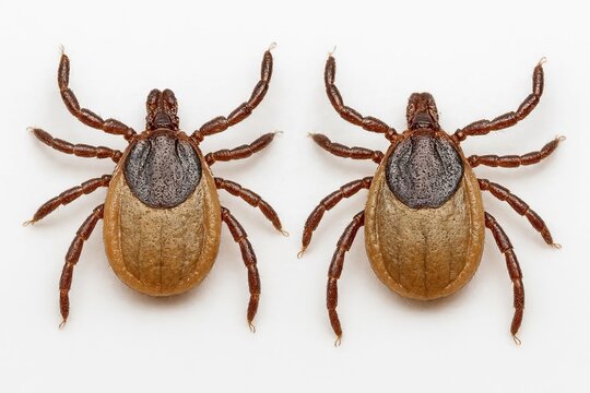 A close-up image of two deer ticks and castor ticks (Ixodes ricinus) against a white background