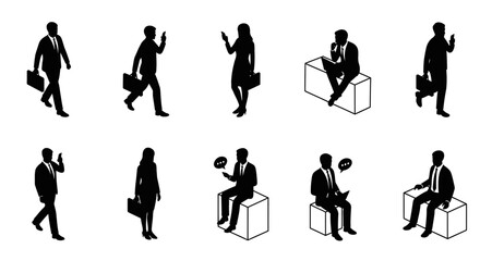 Fototapeta premium isometric business people silhouettes using phones and laptops for work