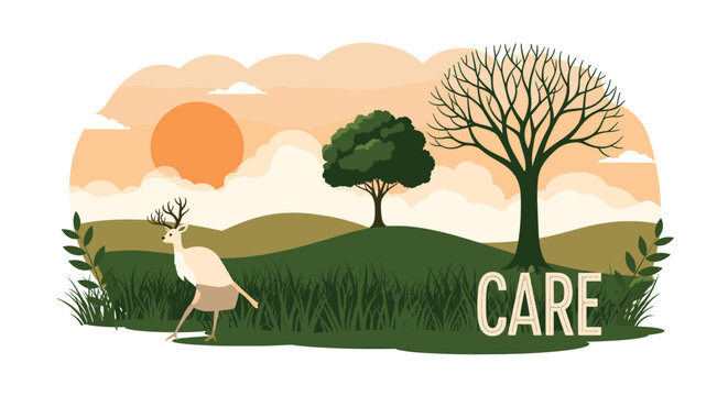 A serene landscape illustration featuring a deer-like creature with antlers, lush green hills, and trees under a warm sunset sky with the word "CARE" subtly integrated.