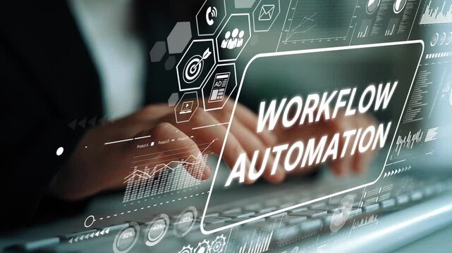 Hands typing on a keyboard with digital workflow automation graphics for business efficiency and productivity enhancement. Asymptotic smart data analytic.