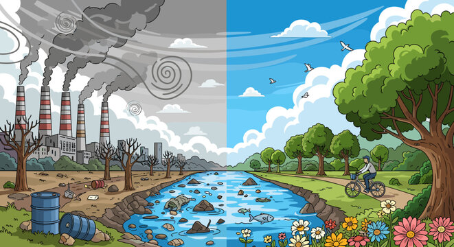 A stark visual contrast between industrial pollution and a pristine natural environment, highlighting the impact of human activity on the planet.
