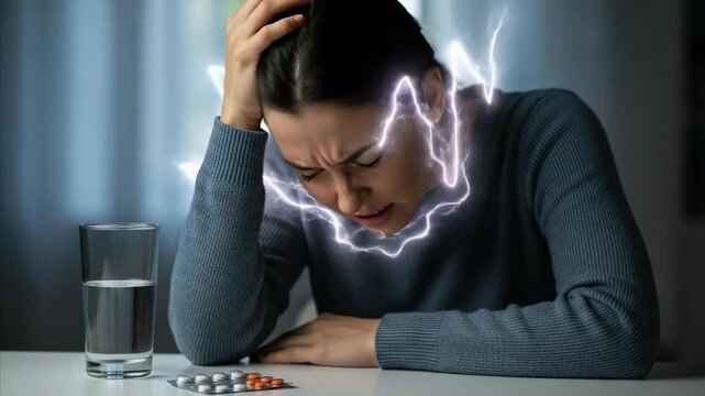 A young woman experiencing intense migraine pain and severe headache, holding her head in distress, seeking relief from stress with medication and water on the table