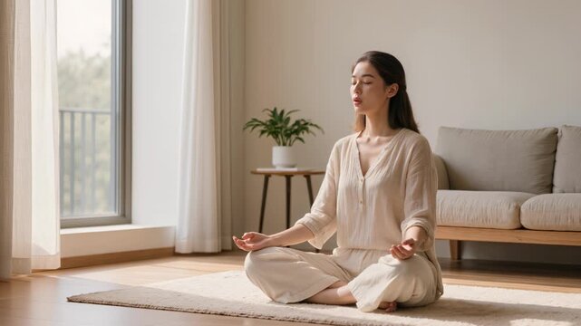 Woman meditating at home practicing breathing mindfulness and relaxation wellness concept
