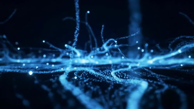 A sophisticated, expansive digital space video of luminous electric blue lines of microscopic particles weaving and flowing, with pulsating nodes, against a profound dark background with cool
