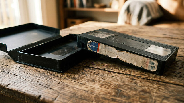 Vintage VHS tape and case on wooden table in a cozy interior  