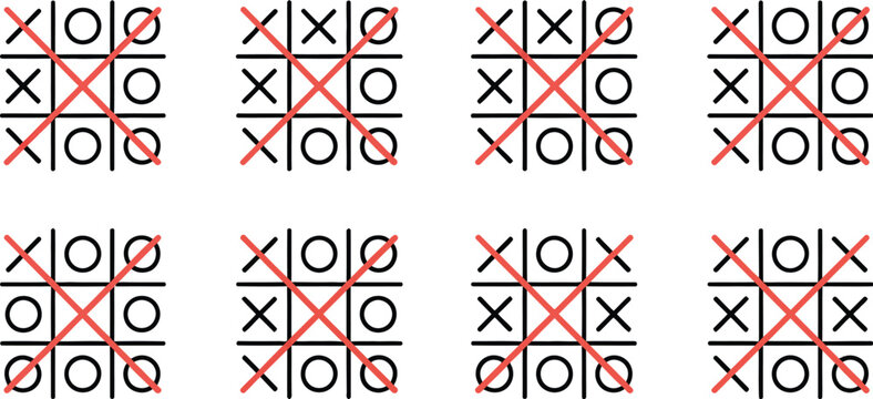 Tic tac toe icon set, vector collection of noughts and crosses game boards competition templates and classic grid symbols for game design.