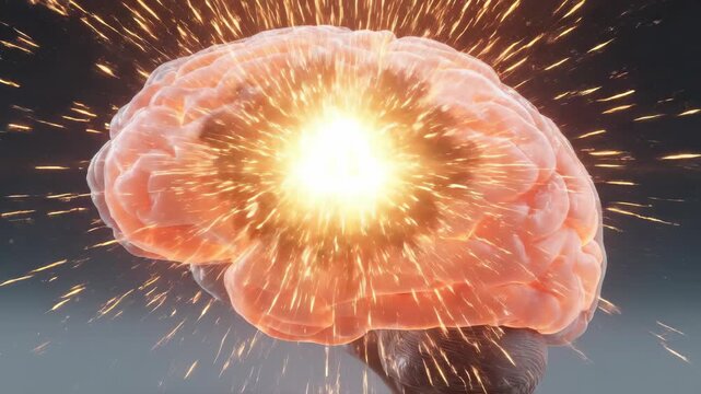 Burning human brain with an urgent warning symbol, signifying overwhelming overwork, critical mental overload, profound nervous exhaustion, and severe professional burnout, depicting intense stress
