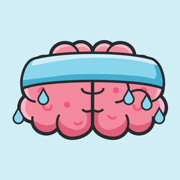 A cartoon brain wearing a headband sweating
