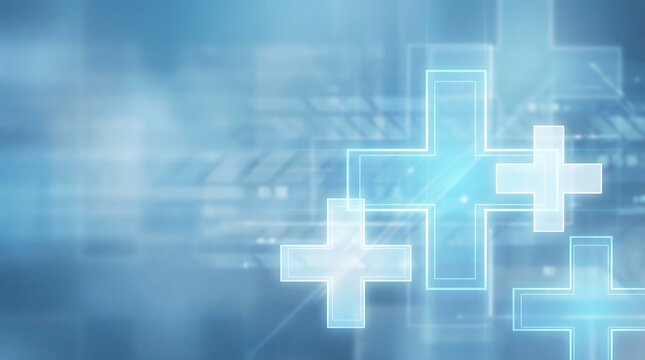 Healthcare innovation symbol with glowing plus signs in futuristic blue digital network Generative AI