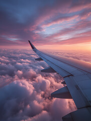 Obraz premium Airplane Wing Over Fluffy Clouds at Sunset Vibrant Sky Horizon Aerial View Aviation Travel Scenic Photography