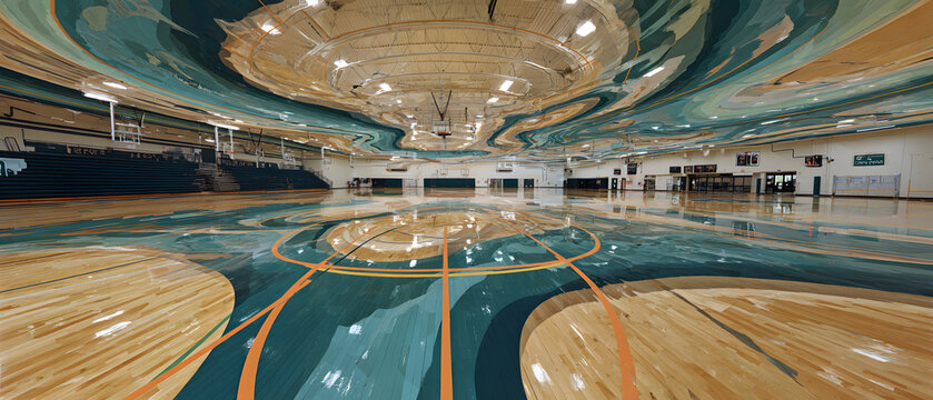 Panoramic gym floor high five ripple effect wave reflective hardwood basketball court with teal and orange painted swirls creating dynamic motion and energetic atmosphere