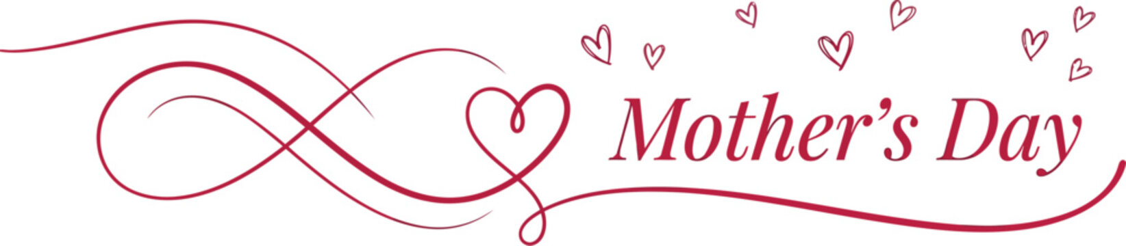 Calligraphy script celebrates Mother's Day with decorative heart swirls and elegant flourishes for holiday cards.