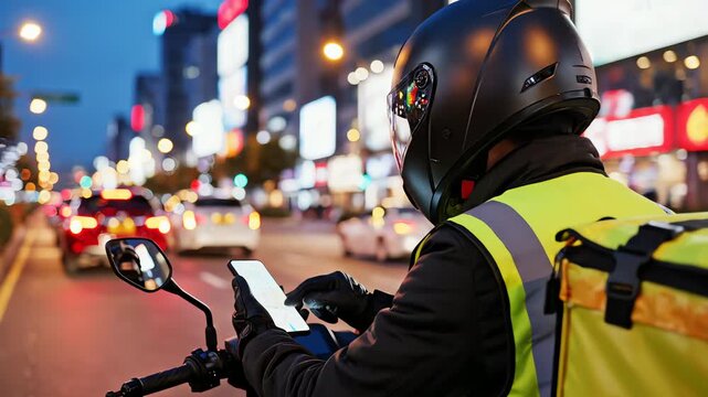Over the Shoulder Shot of Delivery Rider Checking Smartphone on Motorbike