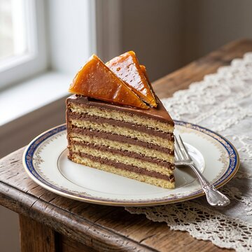 Hungarian Dobos Torte: Seven-layer sponge cake layered with chocolate buttercream and topped with hard caramel wedges, served on a vintage porcelain plate with a silver fork, elegant soft lighting, si