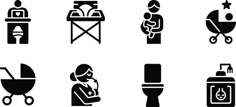 Baby care and restroom icons including stroller and nurse Keywords: baby changing table, diaper changing station, baby care, infant care, parent