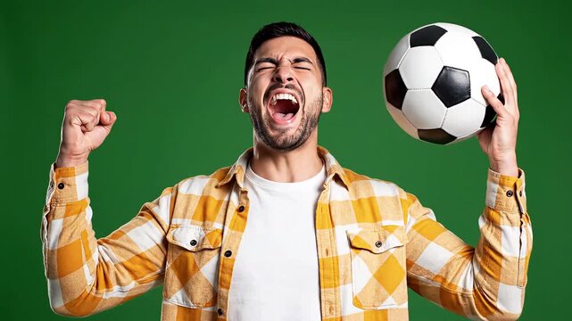 Man celebrating with soccer ball excitedly.
