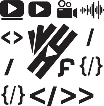 Web, coding, and video icons, black vector symbols, play buttons, programming code, web development, multimedia elements