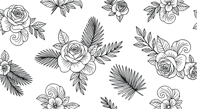 Hand drawn floral illustration vector graphic design featuring roses and palm leaves in a repeating pattern for decorative purposes.
