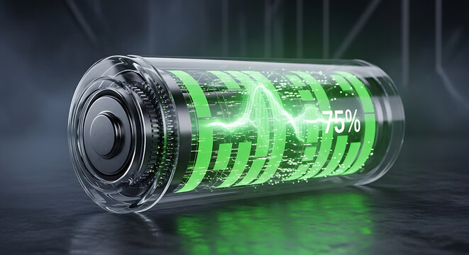 Energized battery with glowing green charge indicator showing 75 percent full on a dark reflective surface