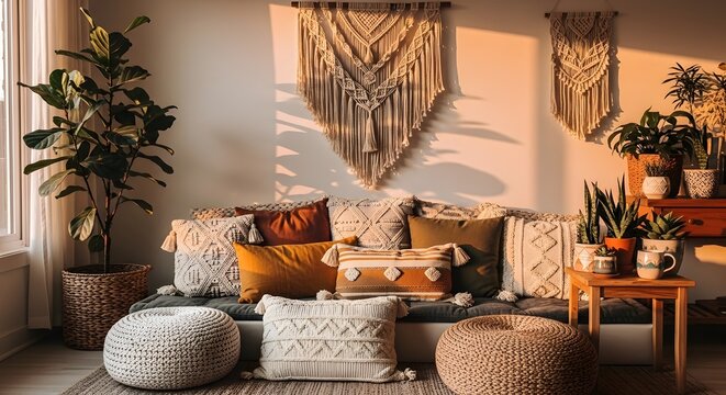 A cozy living room with a comfortable couch and macrame wall hangings