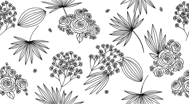 Seamless floral pattern vector illustration with hand-drawn roses, baby's breath and palm leaves in minimalist outline design