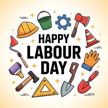 Happy Labour Day greeting card design with cartoon construction tools, safety gear, hammer, shovel, hard hat, and engineering equipment for workers celebration poster illustration, vector graphic art