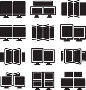 Computer monitor, screen, and display icons, black and white, 12 pcs, vector graphics