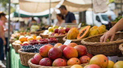 Fresh fruit market scene. Local food experience with natural products.