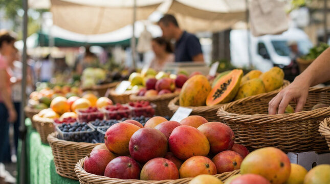 Fresh fruit market scene. Local food experience with natural products.