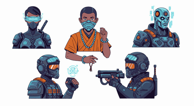 Authentic Futuristic Gaming Avatars and Diverse Cyber-Hero Character Icon Set, "Created with AI assistance and manually refined."