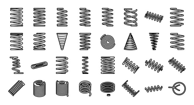 collection of various spring coils and diagrams in black outline on white background