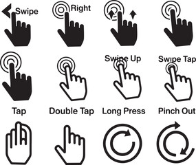 Fototapeta premium Mobile gesture icons, touchscreen actions, swipe tap symbols, hand cursor pointers