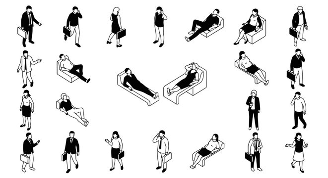 set of isometric business people icons showing characters working talking on the phone and relaxing on a therapy couch.
