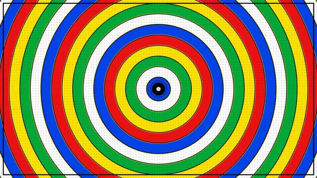 A vibrant concentric circle pattern featuring alternating colors of red, blue, green, yellow, and black