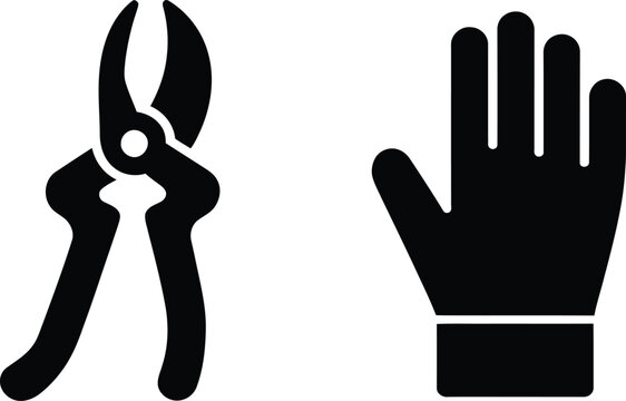 Gardening hand pruners and protective glove icon with plant care garden maintenance black and white yard work gardening secateurs clippers protection equipment horticulture silhouette
