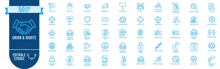 Union and Labor Rights Icon Set – 50 Editable Stroke Vector Icons with Handshake, Justice, Teamwork, Collective Bargaining, Anti-Discrimination, Freedom and Worker Rights Symbols © Ahmed