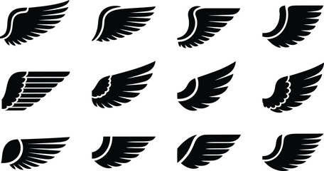 Fototapeta premium Set of black wing icons in various styles and sizes Keywords: wing, feather, bird wing, angel wing, eagle wing, falcon wing, hawk wing, wing icon