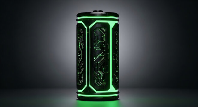 Futuristic glowing green energy cell or battery concept, symbolizing power and innovation in technology