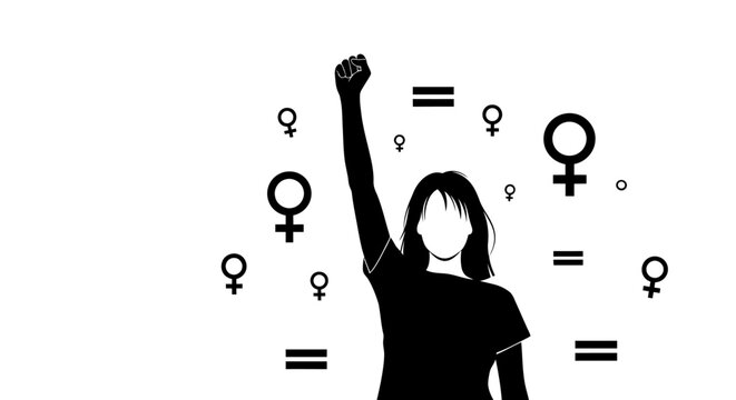 Silhouette of a woman raising her fist for gender equality and women rights.