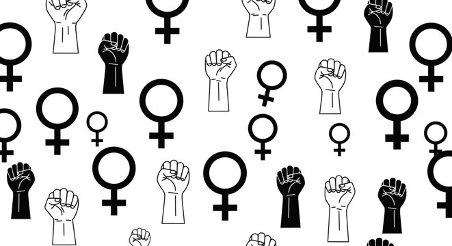 Feminist empowerment pattern with female gender symbols and raised fists.