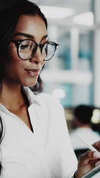 Woman, thinking or developer with tablet for programming app, decision or problem solving in office. Thoughtful, female person or programmer with technology for UI, UX or AI project in workplace