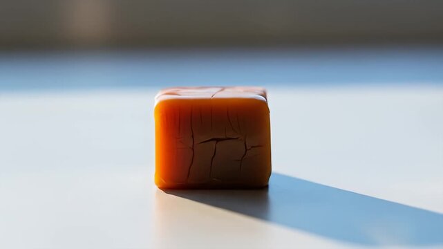 A single cube of caramel rests on a brightly lit, neutral surface with a faint shadow
