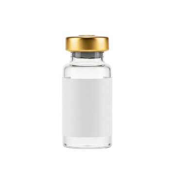 Single cylindrical borosilicate glass medical vial with a polished gold flip-off cap and blank white label centered in a bright studio. clinical product aesthetic