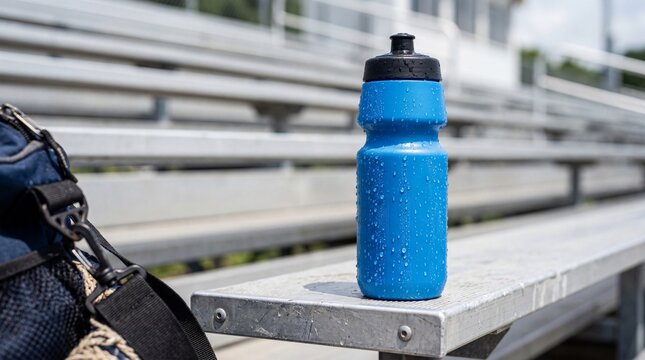 Sports drink bottle with condensation on metal bleacher in stadium