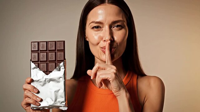 Woman holding chocolate and making secret gesture.